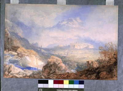 Vale do Ródano com a cidade e a cidadela de Sion, na Suíça (aquarela e guache sobre papel off-white) 作： James Baker Pyne