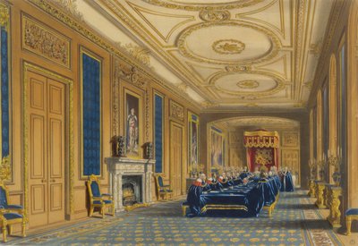 ウィンザー城の玉座の間-ガーター騎士団の設置、1838 作： James Baker after Pyne
