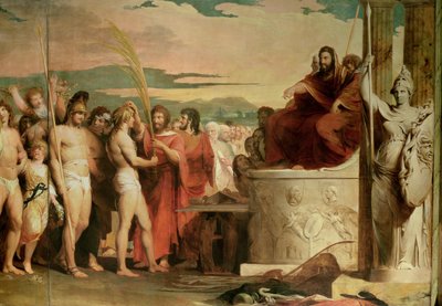 オリンピアでの勝利者の戴冠、シリーズの3番目の人間の文化と知識の進歩、Hellanodicae、c.1777-84の前で戴冠される勝利者の詳細 作： James Barry