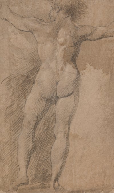 後ろから見た腕を大きく広げた男性 作： James Barry