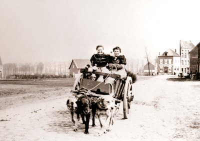 アントワープのカートで女性を引っ張っている犬、1898年。 作： James Batkin