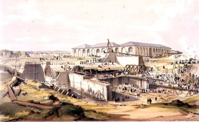1837年4月28日にカムデン・タウンで行われた機関庫の建設。 作： James Bourne