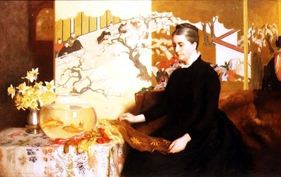屏風と金魚を持つ女（画家の母の肖像 作： James Cadenhead