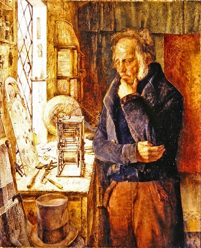 問題を解決する私たちの村の時計屋さん（油彩・キャンバス） 作： James Campbell