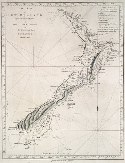エンデバー号船長J.クック中尉が1769年と1770年に探検したニュージーランドの海図 作： James Cook