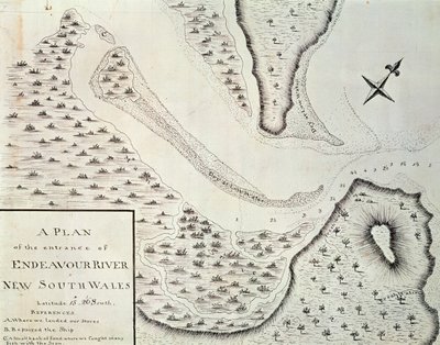 エンデバー川入り口の地図、ジェームズ・クック（1728-1779）が1768年から1771年にかけて行った最初の旅行の記録からの地図、オーストラリア 作： James Cook