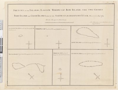 iii.1769年4月に発見された南海の島々、ラグーン、スラム・キャップ、ボウ・アイランド、二つのグループ、バード・アイランド、チェーン・アイランドのスケッチ。 作： James Cook