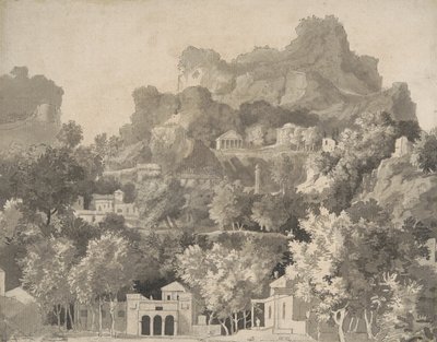 クラシックな建物のある岩だらけの風景、1745年頃（ペンとインク、紙にウォッシュ） 作： James Deacon