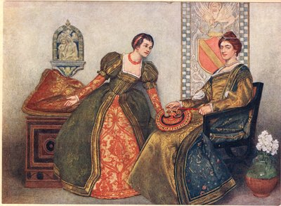 ポーシャとネリッサ、「ヴェニスの商人」、1910年頃のイラスト 作： James Dromgole Linton