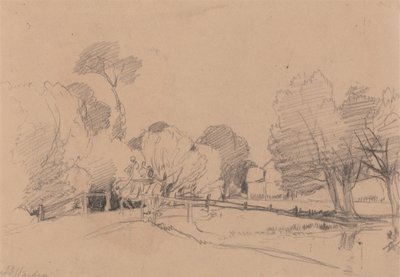 小川のそばの柳、馬とカートの横断橋 作： James Duffield Harding