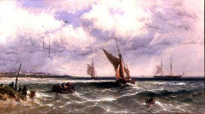 アンカーの先にあるツーマスターで岸に上がってくる釣り船 作： James Edwin Meadows