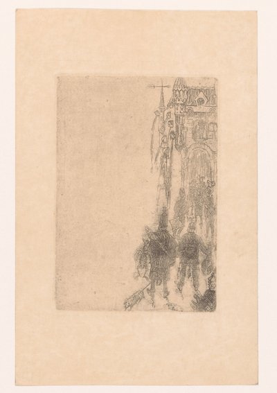 肉や魚を持ってゲートに向かって歩く人物 シャルル・ヴォスのメニュー 作： James Ensor