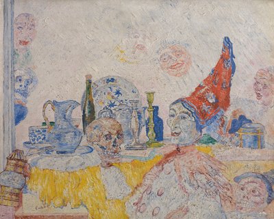 黄色いローブのピエロと骸骨 作： James Ensor
