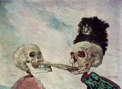 ニシンをめぐって戦う骸骨（パネルに油彩） 作： James Ensor