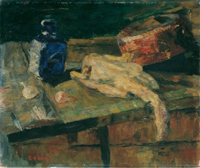 青い瓶とむき鶏のある静物 作： James Ensor