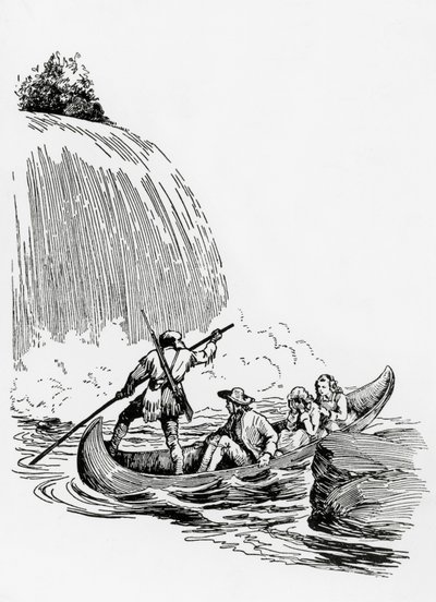 滝のそばでカヌーに乗る主人公たち（James Fenimore Cooper著『The Last of the Mohicans』の挿絵、Principato Editore、ミラノ 作： James Fenimore Cooper