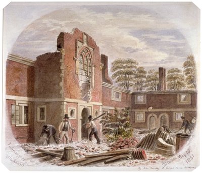 1851 年、ロンドン、サザークのセント ピーターズ病院を取り壊す男たち 作： James Findlay