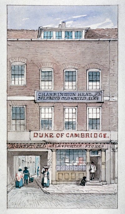 1840年頃、シティ・オブ・ロンドンのシュー・レーンにあるケンブリッジ公爵の酒場の様子。                     作： James Findlay