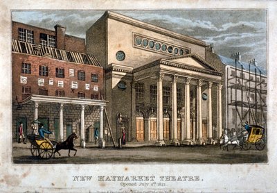 1821年、ロンドンのウェストミンスターにあるヘイマーケット劇場の眺め。                                             作： James Findlay