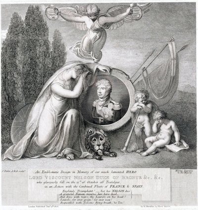 亡き英雄ホレイショ・ネルソン子爵（1758-1805）を偲ぶ象徴的な絵 作： James Fittler