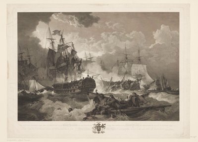 スラグ ビー カンパードゥイン、1797 年 1797 年 10 月 11 日の行動で、ダンカン提督の指揮下にある北海のイギリス戦隊がオランダ艦隊に対して獲得した勝利 (オブジェクトのタイトル) 作： James Fittler