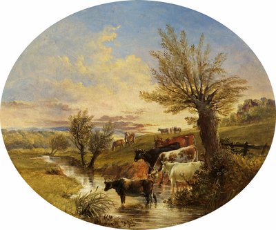 小川と牛のいる風景、1888 作： James Flewitt Mullock