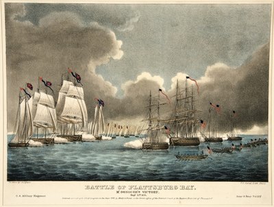 プラッツバーグ湾の戦い：マクドノウの勝利、パブ。 1840（手描きの彫刻） 作： James Fuller Queen