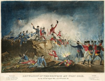 1814年8月15日、午前2時のパブ、エリー砦でのイギリス軍の反発。 1841、（手彩色の彫刻） 作： James Fuller Queen