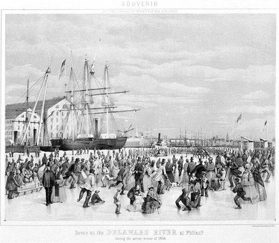 1856年の厳冬期のフィラデルフィアのデラウェア川の風景、1860年頃（リトグラフ）（モノクロ写真） 作： James Fuller Queen