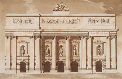 ダブリン国会議事堂の西正面の標高、1787年頃（ペンと筆で茶色のインクとトイレットペーパーにトイレットペーパー） 作： James Gandon