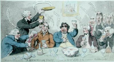1791年にS.W.Foresが出版した「革命協会が7月14日に行ったバーミンガムの乾杯」（手彩色の銅版画） 作： James Gillray