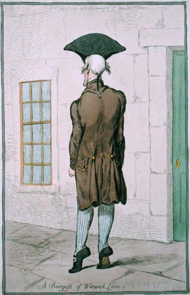 ハンナ・ハンフリーが1795年に出版した「A Burgess of Warwick Lane」（手彩色の銅版画） 作： James Gillray