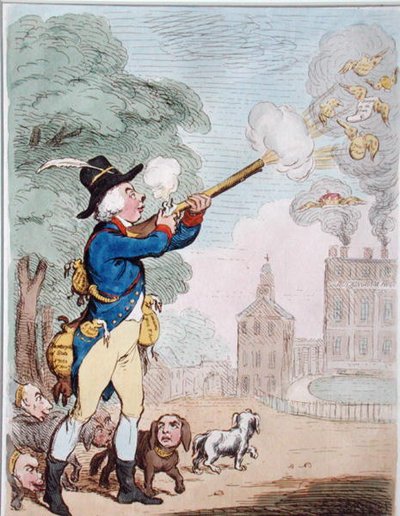ハンナ・ハンフリーが1792年に出版した「A Good Shot, or Billy-Ranger the Game-Keeper in a fine Sporting Country」（手彩色のエッチング）。 作： James Gillray