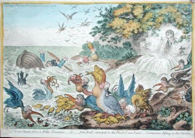 ペティファウンテンからの大嵐」、「ジョン・ブルが新税の洪水で水浸し」。ハンナ・ハンフリーが1806年に出版した『小川で釣りをする鵜』（手彩色の銅版画） 作： James Gillray