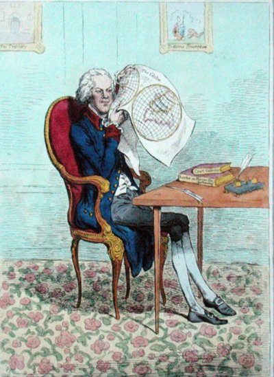 ハンナ・ハンフリーが1795年に出版した「英国の征服を見極める鋭敏な政治家」（手彩色のエッチング） 作： James Gillray