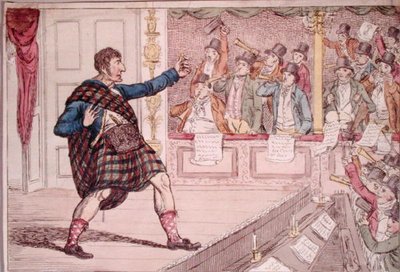1809年にウォーカーが出版した「コヴェント・ガーデン劇場におけるマクベスの独り言のパロディ」（手彩色の銅版画） 作： James Gillray