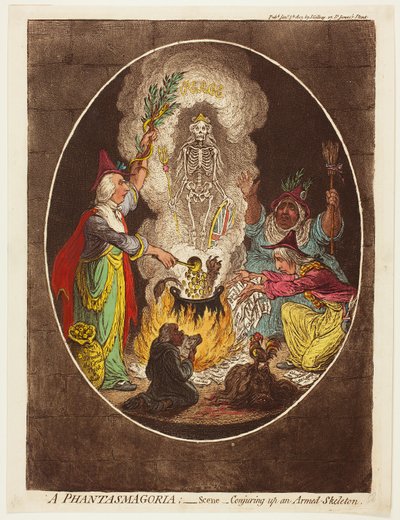 ファンタスマゴリア - シーン - 武装した骸骨を呼び起こす 作： James Gillray