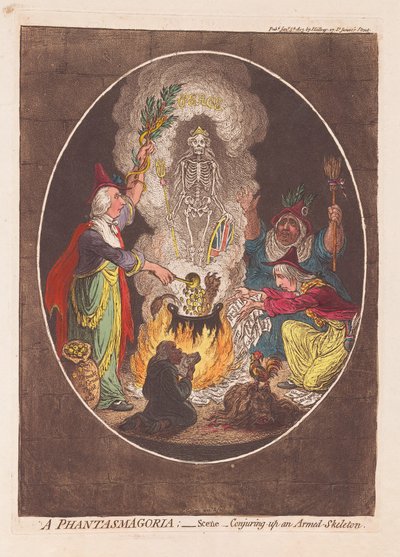 ファンタスマゴリア: シーン - 武装したスケルトンを召喚するパブ. 1803年（手彩色彫刻） 作： James Gillray