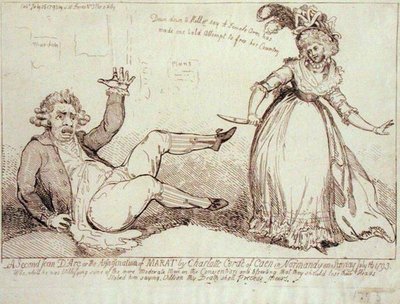 1793 年 7 月 13 日にノルマンディーのカーンのシャルロット コルデー (1768-93) による、S.W. 1793年の森（エッチング） 作： James Gillray