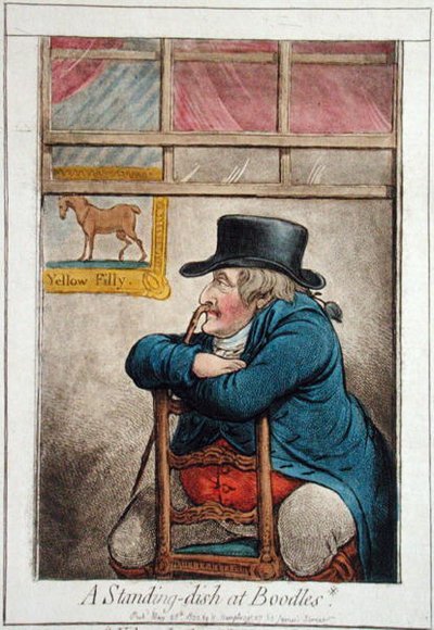 1800年にハンナ・ハンフリーが出版した「ブードルズの皿」（手彩色のエッチング）のビデオ「a d__d good cocoa tree pun」。 作： James Gillray