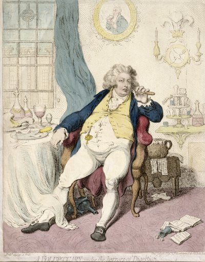 1792年にハンナハンフリーによって発行された消化の恐怖の下でのVoluptuary（手描きのエッチング） 作： James Gillray
