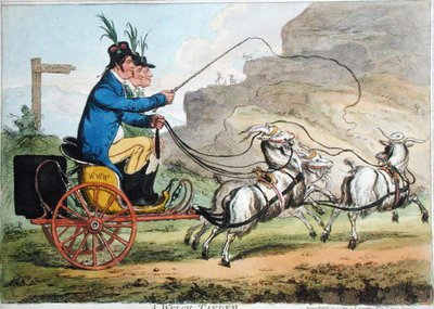 ハンナ・ハンフリーが1803年に出版した「A Welch Tandem」（手彩色エッチング）。 作： James Gillray