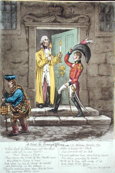 ハンナ・ハンフリーが1804年に出版した「若き将校へのヒント」（手彩色の銅版画） 作： James Gillray