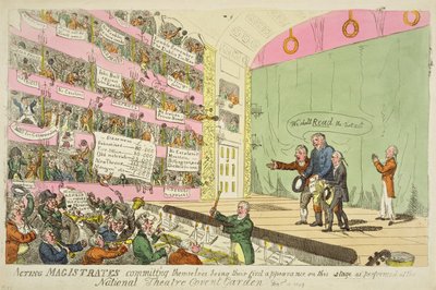 ナショナル・シアター・コヴェント・ガーデンで上演された「Acting Magistrates commiting themselves, being the first appearance」。 作： James Gillray