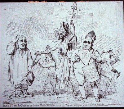 1791年にS.W.Foresによって出版された『パンデモニウムの門のアレクトとその列車』、または『ジョン・ブルを革命軍に入隊させる徴兵軍人』（エッチング） 作： James Gillray