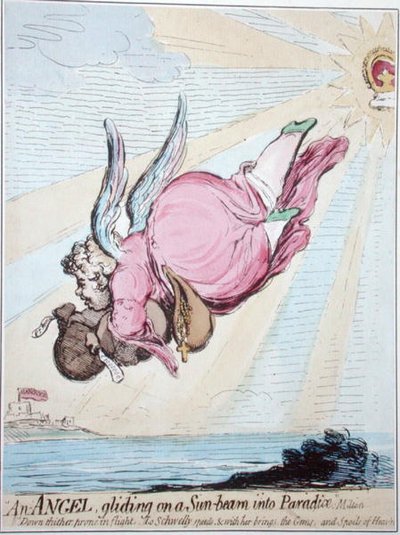 天使が太陽の光に乗って楽園に行く（手彩色の銅版画） 作： James Gillray