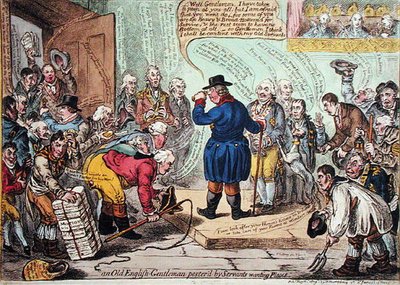 ハンナ・ハンフリーが1809年に出版した「場所を欲しがる召使に悩まされる古い英国紳士」（手彩色のエッチング） 作： James Gillray