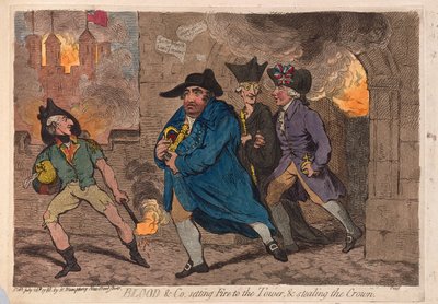 Blood＆Co.はタワーに火をつけ、王冠を盗みます。 1788（手彫り彫刻） 作： James Gillray