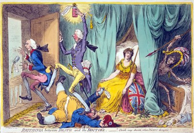 死と医師の間のブリタニア、パブ。ハンナハンフリー、1804年5月20日（手書きの彫刻） 作： James Gillray