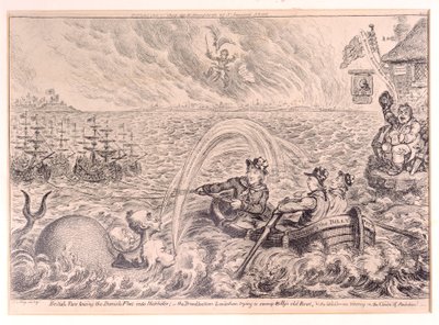 イギリスのタールがデンマークの艦隊を港に牽引、1807 作： James Gillray